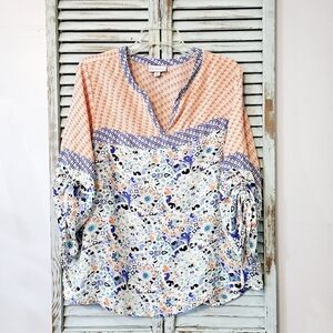 DB ESTABLISHED 1962 RUCHED SLEEVE BOHO TUNIC Womens Orange/Blue L Peasant V-Neck